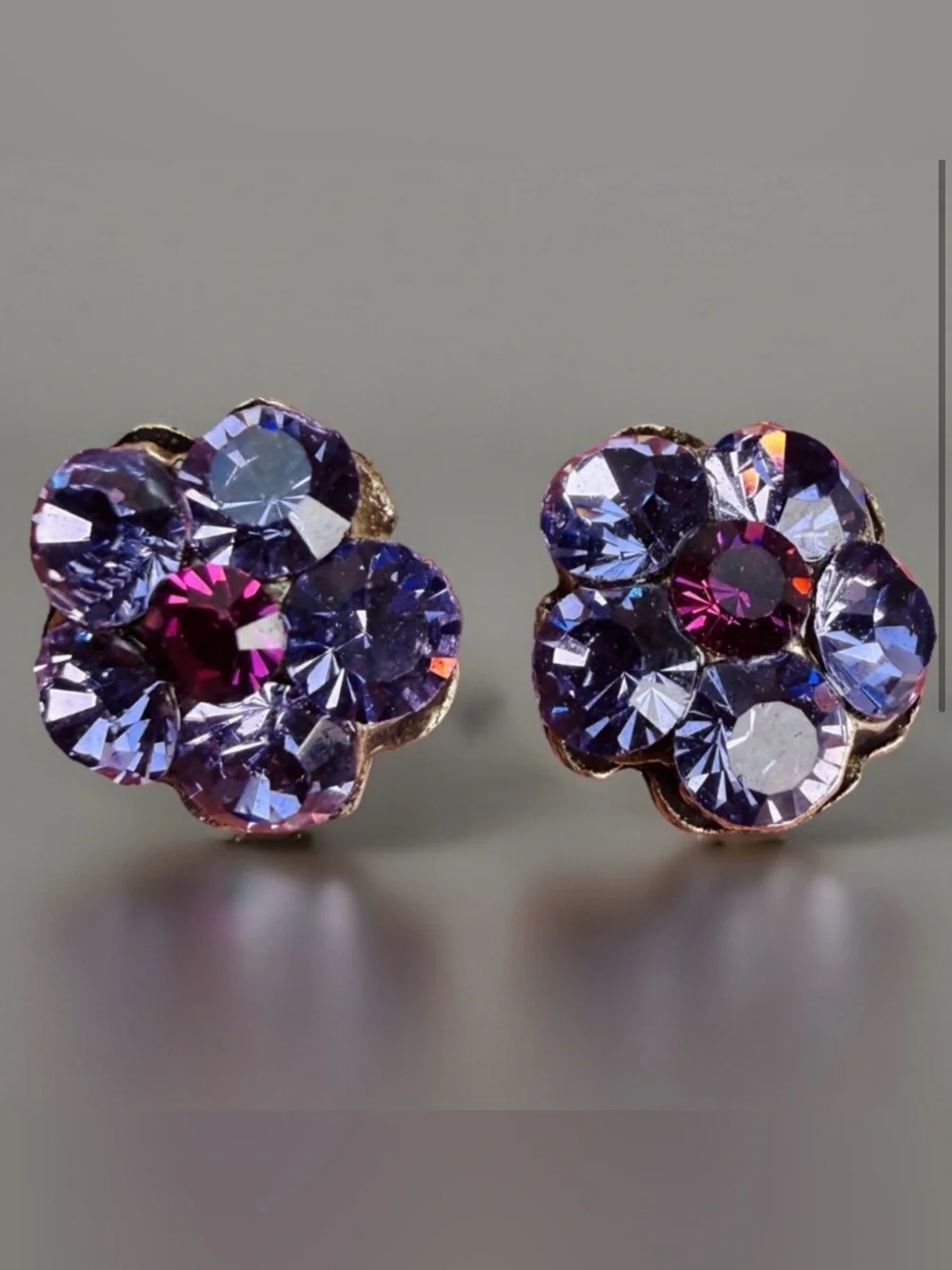 Vintage Purple and Pink Crystal Flower Stud Pierced Earrings